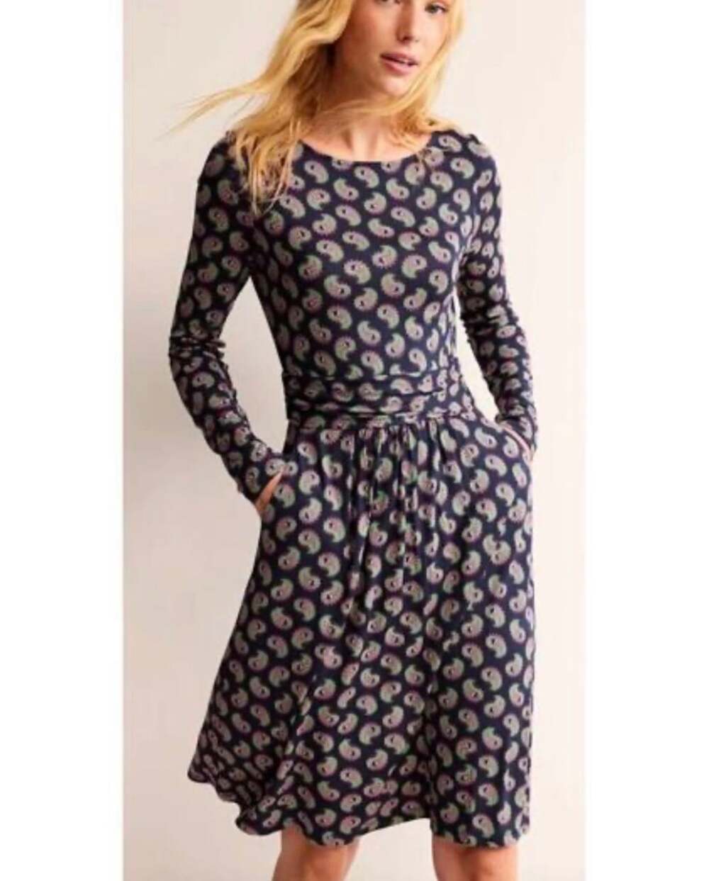 Boden Abigail Jersey Dress Size US 6R Blue Paisley Long Sleeve Pockets 6 Regular